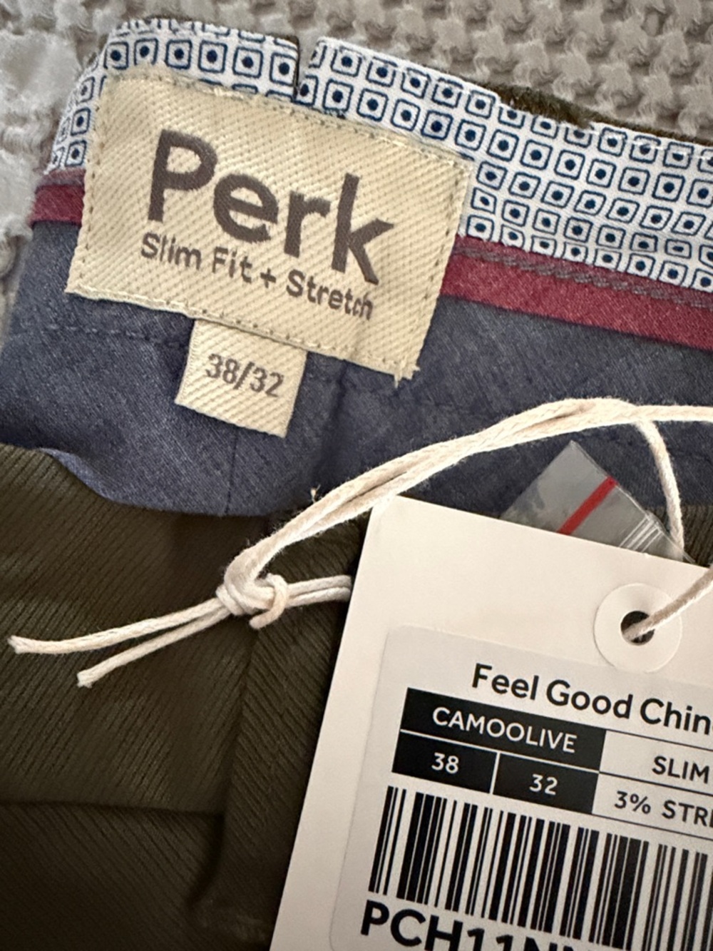 Perk Clothing Feel Good Chinos Men’s 38x32 Slim Fit Olive Green Stretch NWT